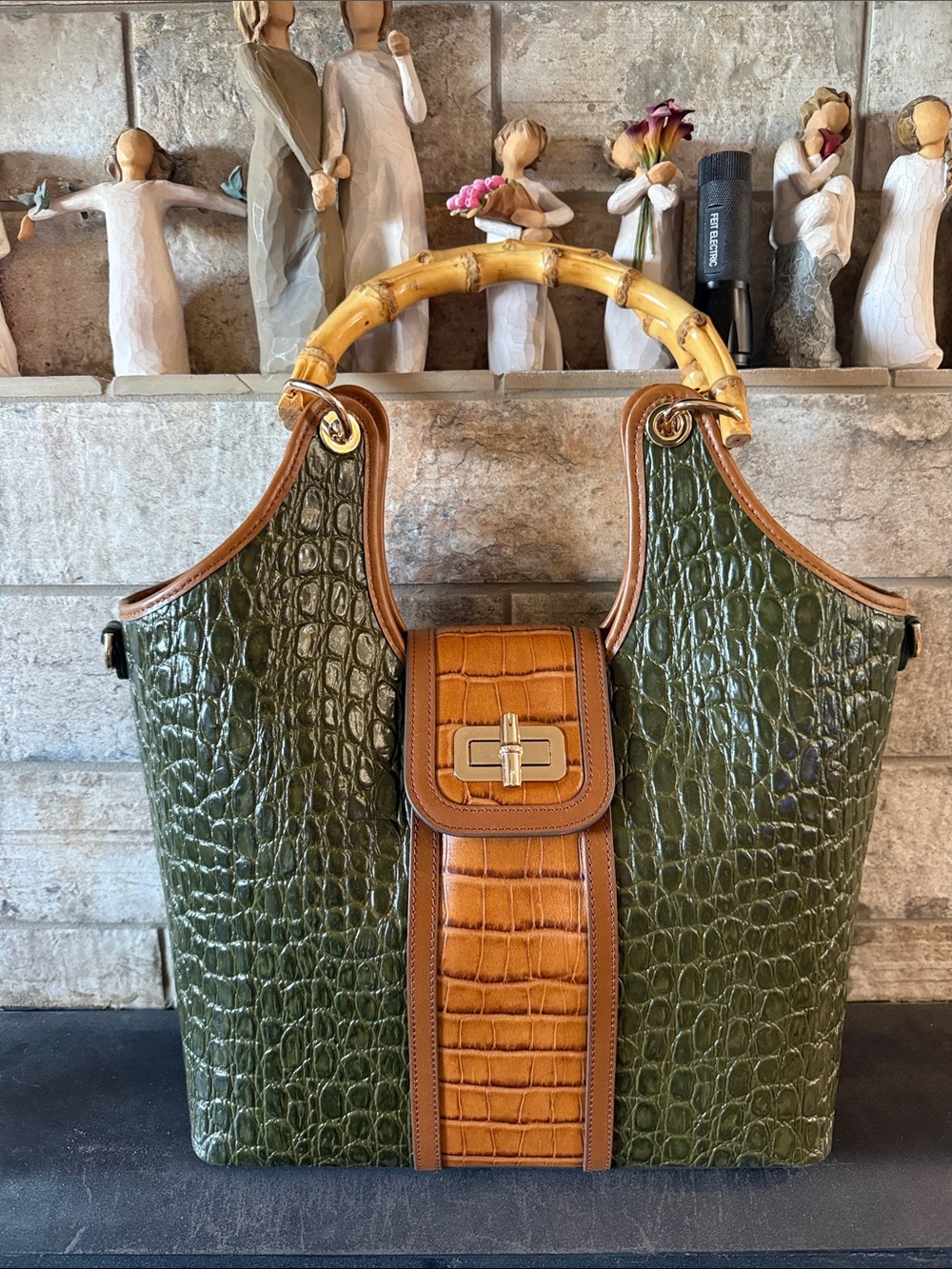 Brahmin Melora Green Brookhaven Croc-Embossed Bamboo Handle Tote